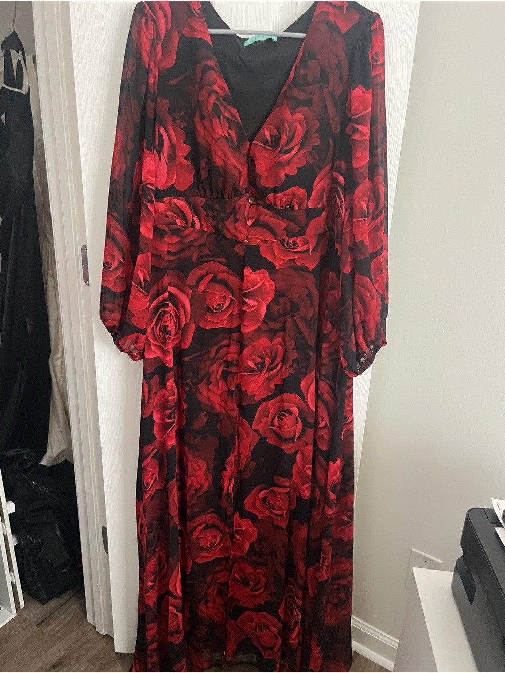 Red Rose Print V-Neck Maxi Dress - Women